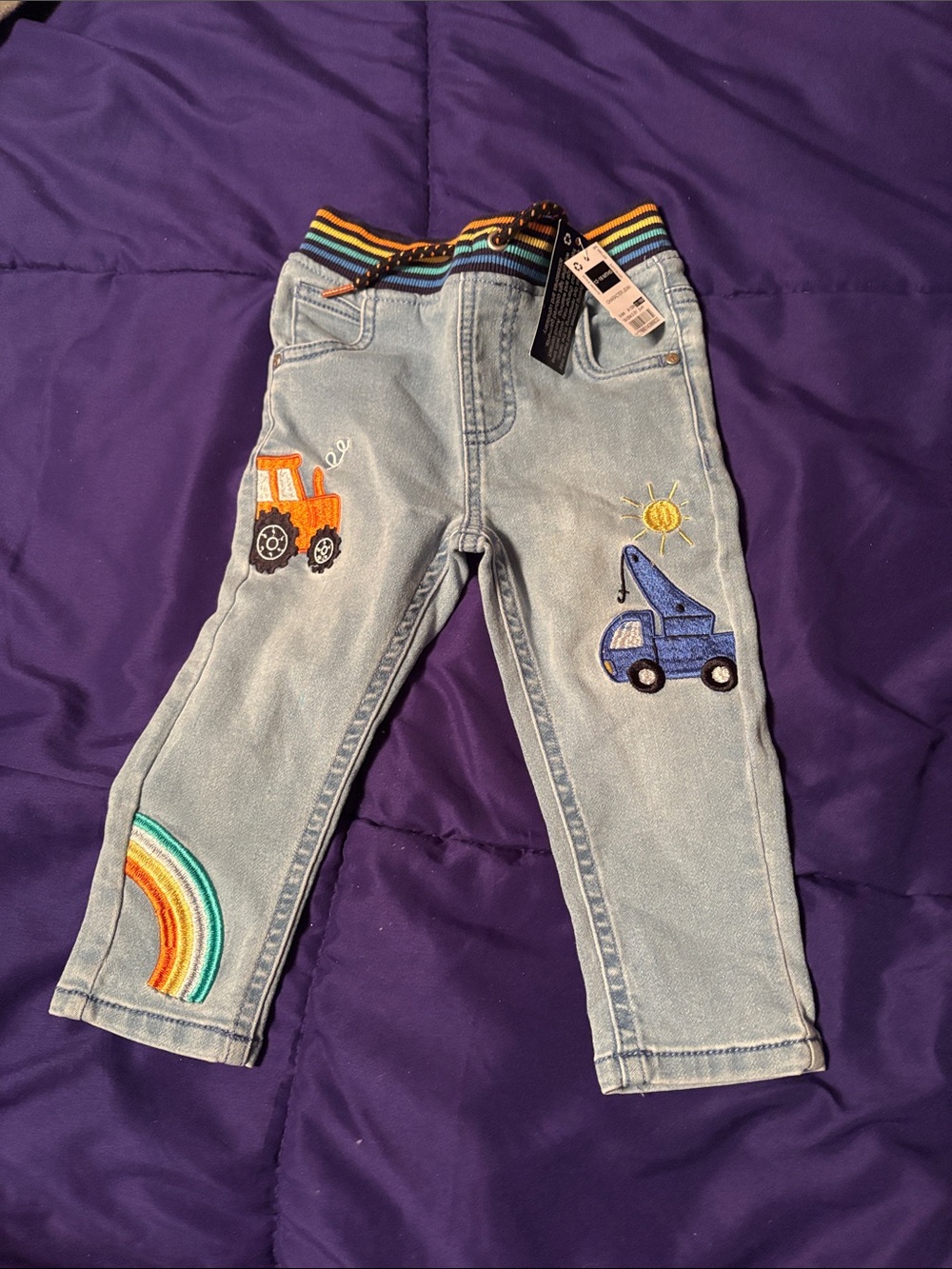 NWT Striped-Waist Light Blue Kids Denim Pants with Vehicle Patches